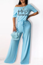 Baby Blue Casual Print Patchwork O Neck Straight Jumpsuits