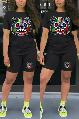 Black Fashion Casual Printed T-shirt Shorts Set