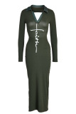 Black Fashion Casual Print Slit Turndown Collar Long Sleeve Dresses