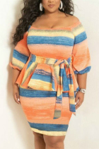 Orange Fashion Striped Printed Plus Size Dress