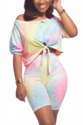 Pink Fashion adult Casual Tie Dye Bandage Print Two Piece Suits Patchwork pencil Half Sleeve