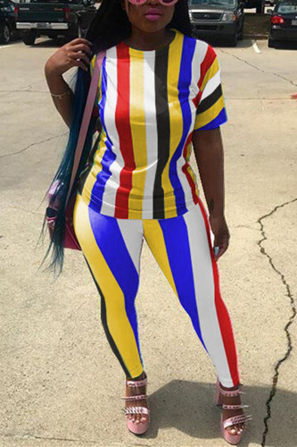 Yellow Casual Rainbow Stripe Print T-shirt Pants Set