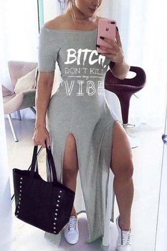 Grey Sexy Fashion Letter Printed Split Dress