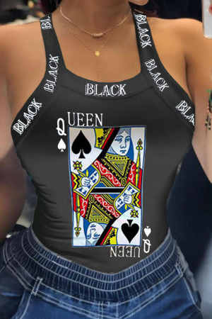 Black Casual Street Print Patchwork U Neck Tops