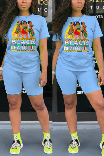 Blue Fashion Casual Printed Short Sleeve Sports Set