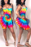 Red Rainbow Color Sexy Print Sling Backless Skinny Romper