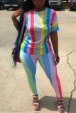 Colorful Casual Rainbow Stripe Print T-shirt Pants Set