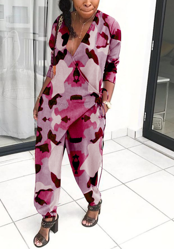 Pink Casual Print Long Sleeve V Neck Jumpsuits