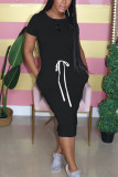 Black Fashion Casual Short Sleeve Long Dress
