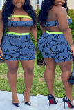 Blue Sexy Printed Strapless Top Shorts Set