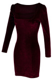 Burgundy Long Sleeve Square Collar Pleuche Bodycon Dress