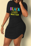 Black Fashion Letter Printed Short Sleeve Dress