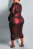 Wine Red Fashion Long Sleeve Plus Size Dress