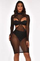 Black Network adult Fashion Sexy Leopard Mesh Print Three-Piece Suits perspective A-line skirt Long Sleeve