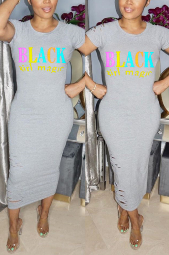 Grey Fashion Casual Letter Printed Fitted Dress