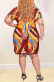 Orange Fashion Casual Printed Short Sleeve Plus Size Dress