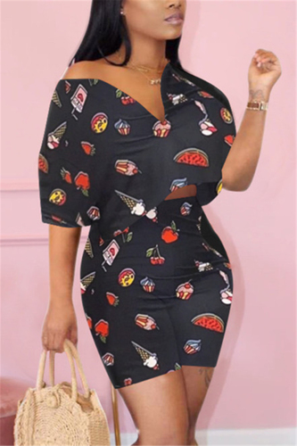 Black Fashion Casual Printed T-shirt Shorts Set