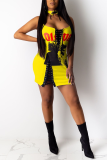 Yellow Sexy Street Spaghetti Strap Sleeveless Slip Pencil Dress skirt Print bandage Club Dresses