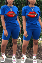 Royal blue Fashion Casual Lips Print T-shirt Shorts Set