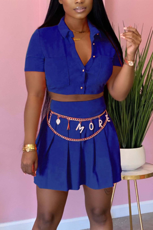 Blue Sexy Short Sleeve Short Skirt Set (Without Belt)