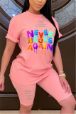 Pink Fashion Casual Letter Printed T-shirt Shorts Set