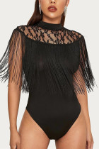 Black Sexy Sleeveless Perspective Tassel Bodysuit