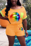Black Casual Rainbow Lips Printed Short Sleeve Tops Shorts Two Piece Set