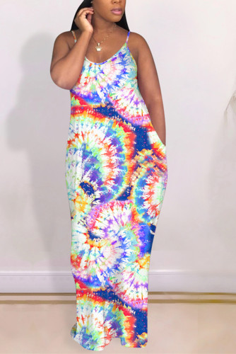 Blue Fashion Sexy Printed Suspender Dress