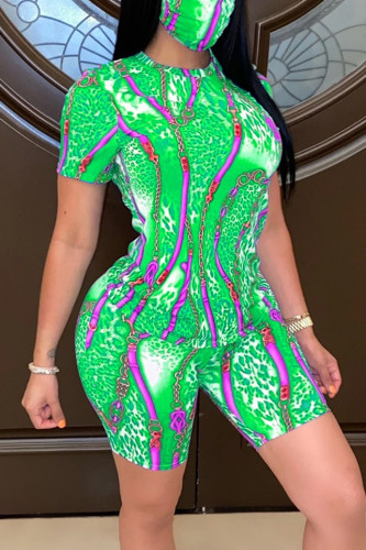 Green Fashion Casual Printed T-shirt Shorts Set