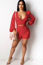 watermelon red adult Fashion Ma'am Sexy Two Piece Suits Patchwork Solid Straight Long Sleeve Two-Piece Shor