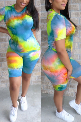 Fluorescent green Fashion Casual Printed Short-sleeved T-shirt Set