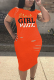 Orange Fashion Print Short Sleeve Dress