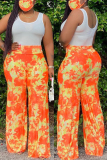 Yellow Fashion Casual Printed High Waist Trousers（With Mask）