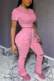 Pink Fashion Casual Short Sleeve T-shirt Trousers Set