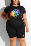 Rose Red Rainbow Lips Print Casual Short Sleelve Plus Size Sporty Shorts Matching Sets