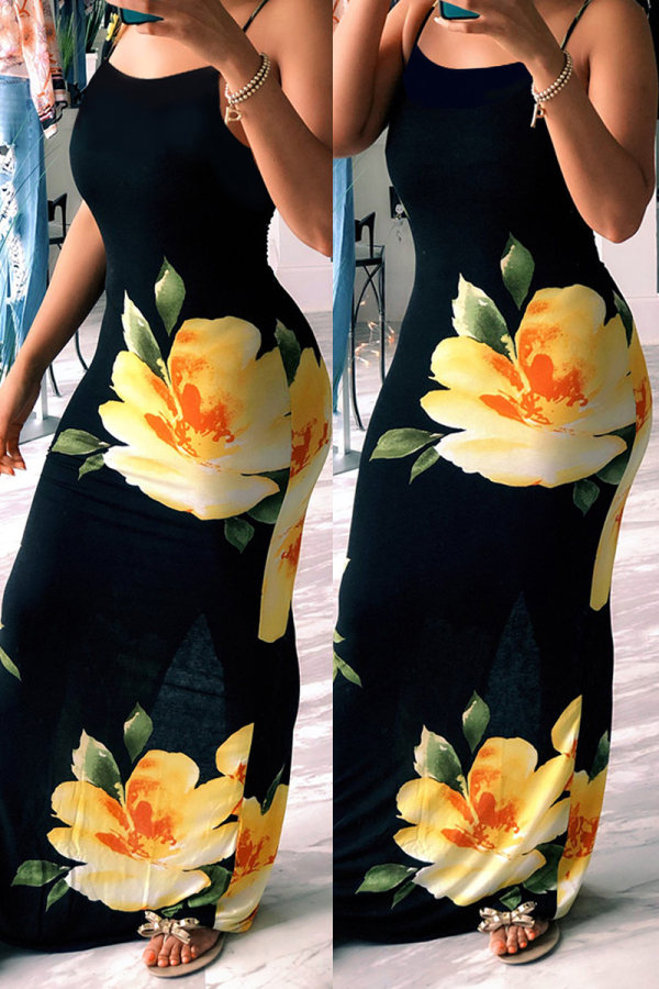 Yellow Fashion Casual Off The Shoulder Sleeveless Slip Step Skirt Floor-Length Floral Striped Col