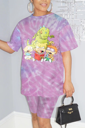 Purple Fashion Casual Printed Short-sleeved T-shirt Set