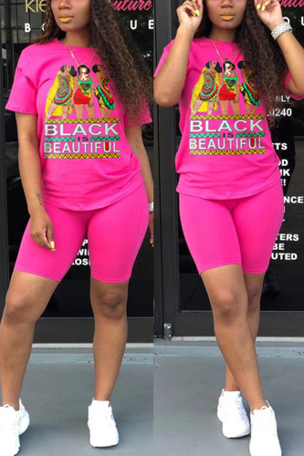 Rose Red Fashion Casual Printed Short Sleeve Sports Set