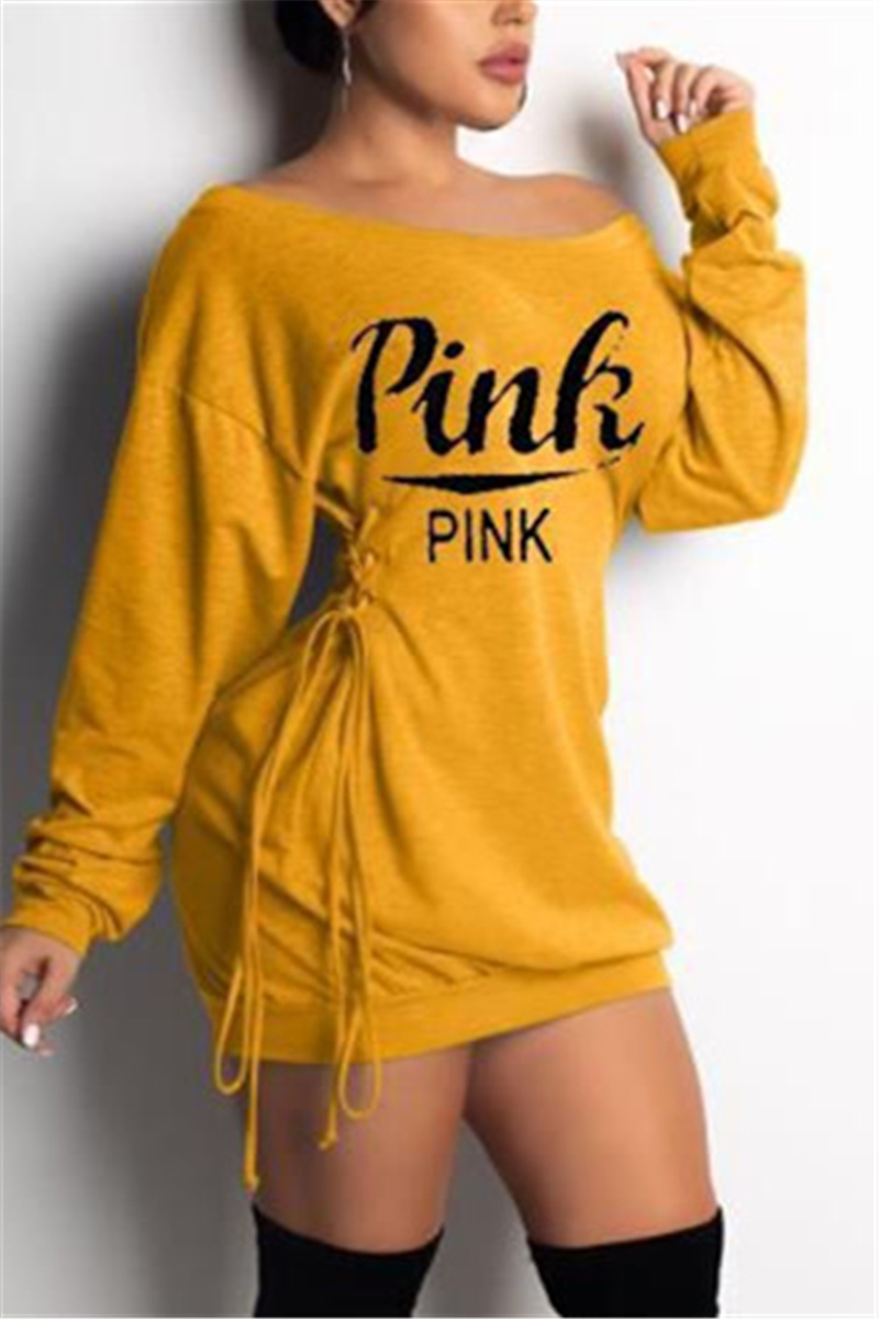 fashion-letter-printed-yellow-long-sleeve-dress