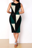 Ink Green Casual Geometric Print Patchwork V Neck One Step Skirt Dresses