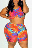 Multicolor Fashion Casual Printed Plus Size Shorts Set