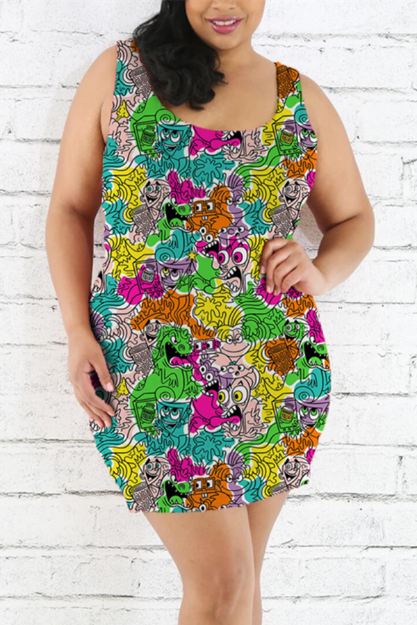 Colorful Fashion Casual Printed Sleeveless Plus Size Dress