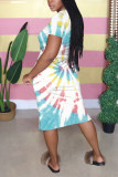 Multicolor Rainbow Color Casual Printed Short-sleeved Midi Dress