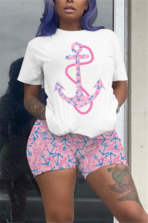 Pink Fashion Casual Printed T-shirt Shorts Set