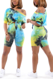 Blue Fashion adult Casual Tie Dye Bandage Print Two Piece Suits Patchwork pencil Half Sleeve