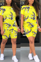 Yellow Fashion Rabbit Print T-shirt Shorts Set