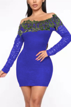 Royal blue Sexy Fashion Long Sleeve Off Shoulder Dress