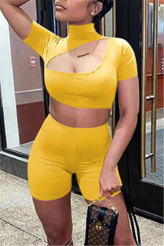 GoldenYellow Fashion Sexy Cutout Turtleneck Top Shorts Set