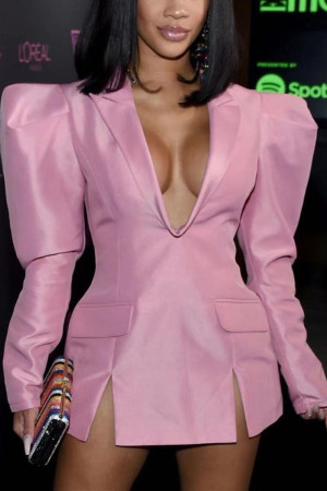Pink Stylish Long Sleeve V-Neck Suit Dress