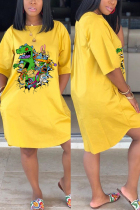 Yellow Fashion Casual Cartoon Printed Dress